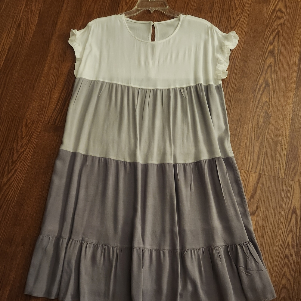 Elegant White and Gray Women's Tiered Dress